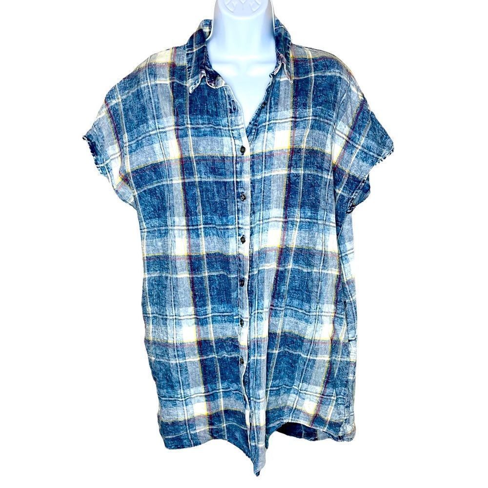 Easel Plaid Cotton Button Down Shirt Dress with Pockets